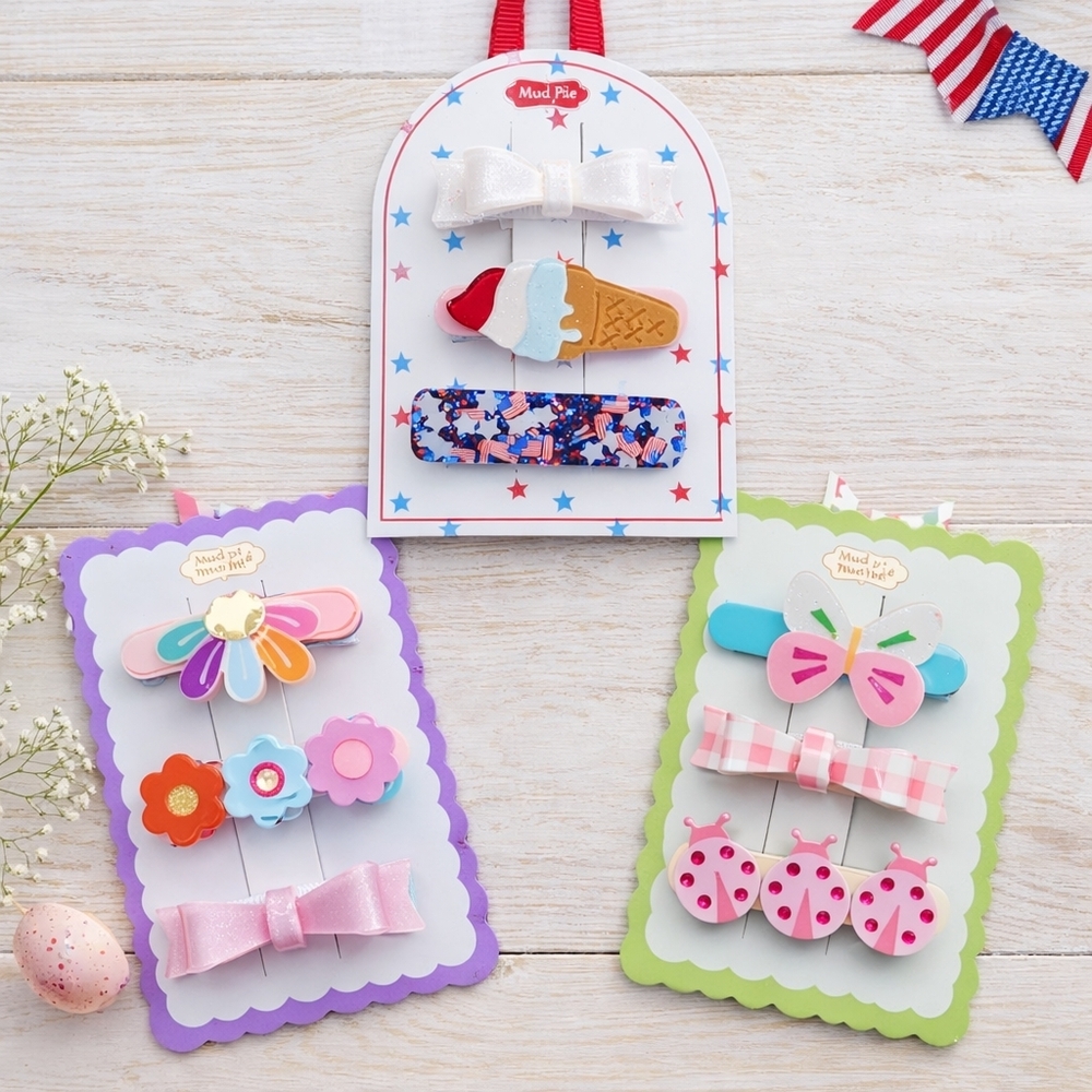 Mud Pie Girls Hair Clips Bundle | Spring Flowers Ladybugs & 4th of July Bow NWT